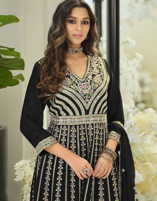 Black embroidered chinon free size stitched palazzo style salwar suit 2