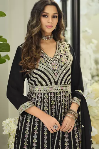 Black embroidered chinon free size stitched palazzo style salwar suit