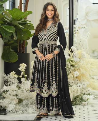 Black embroidered chinon free size stitched palazzo style salwar suit 3
