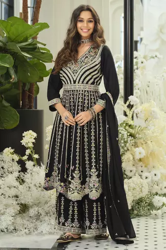 Black embroidered chinon free size stitched palazzo style salwar suit
