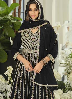Black embroidered chinon free size stitched palazzo style salwar suit 4
