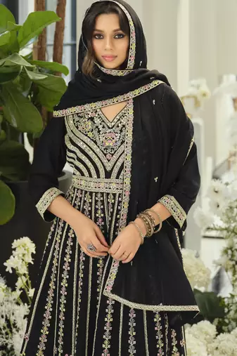 Black embroidered chinon free size stitched palazzo style salwar suit