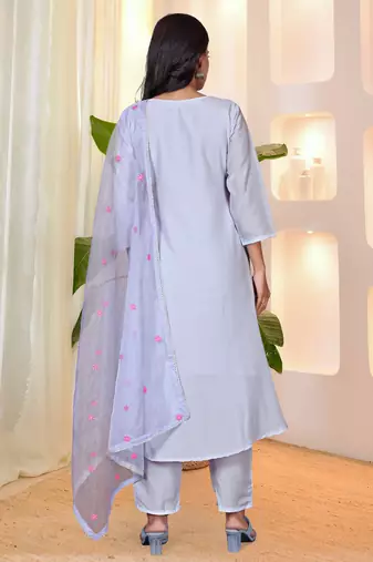 Women's lavender silk sequin embroidered kurta pant set with organza dupatta