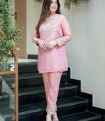 Elegant pink silk sequin embroidery v-neck co-ord set