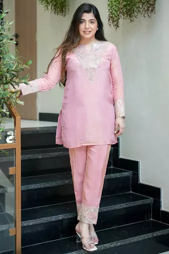 Elegant pink silk sequin embroidery v-neck co-ord set