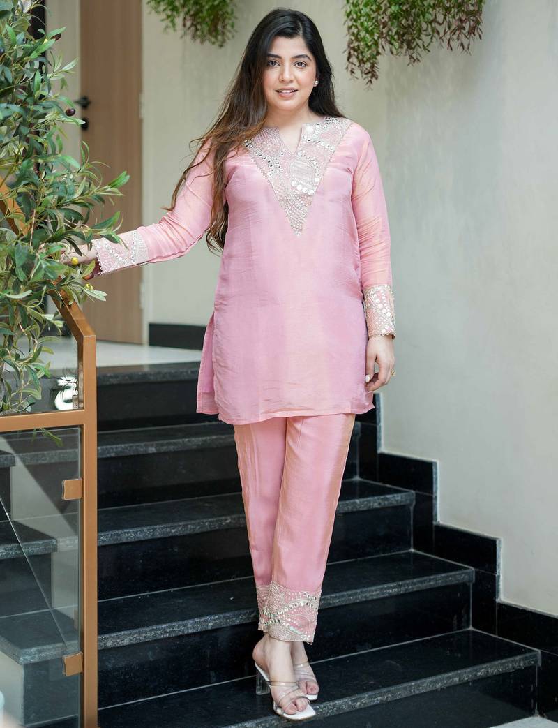 Elegant pink silk sequin embroidery v-neck co-ord set