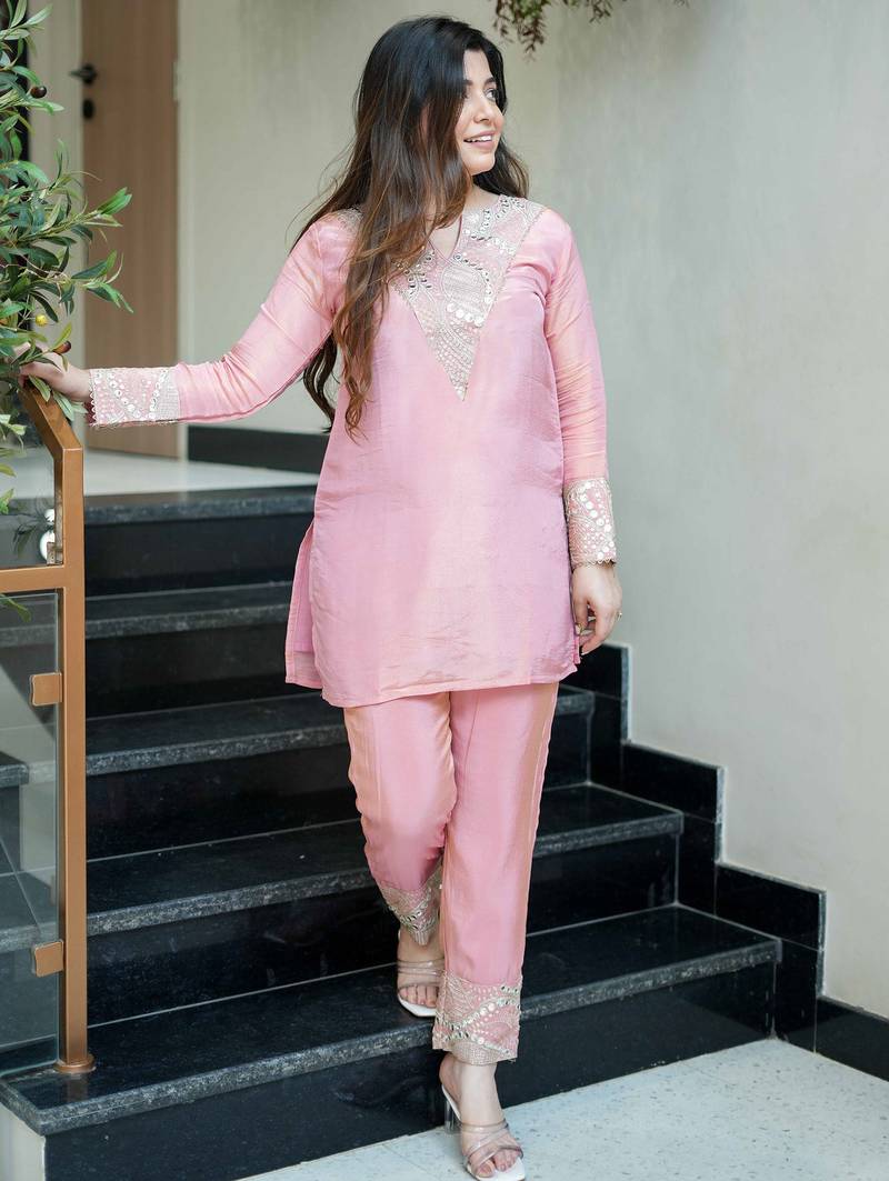 Elegant pink silk sequin embroidery v-neck co-ord set