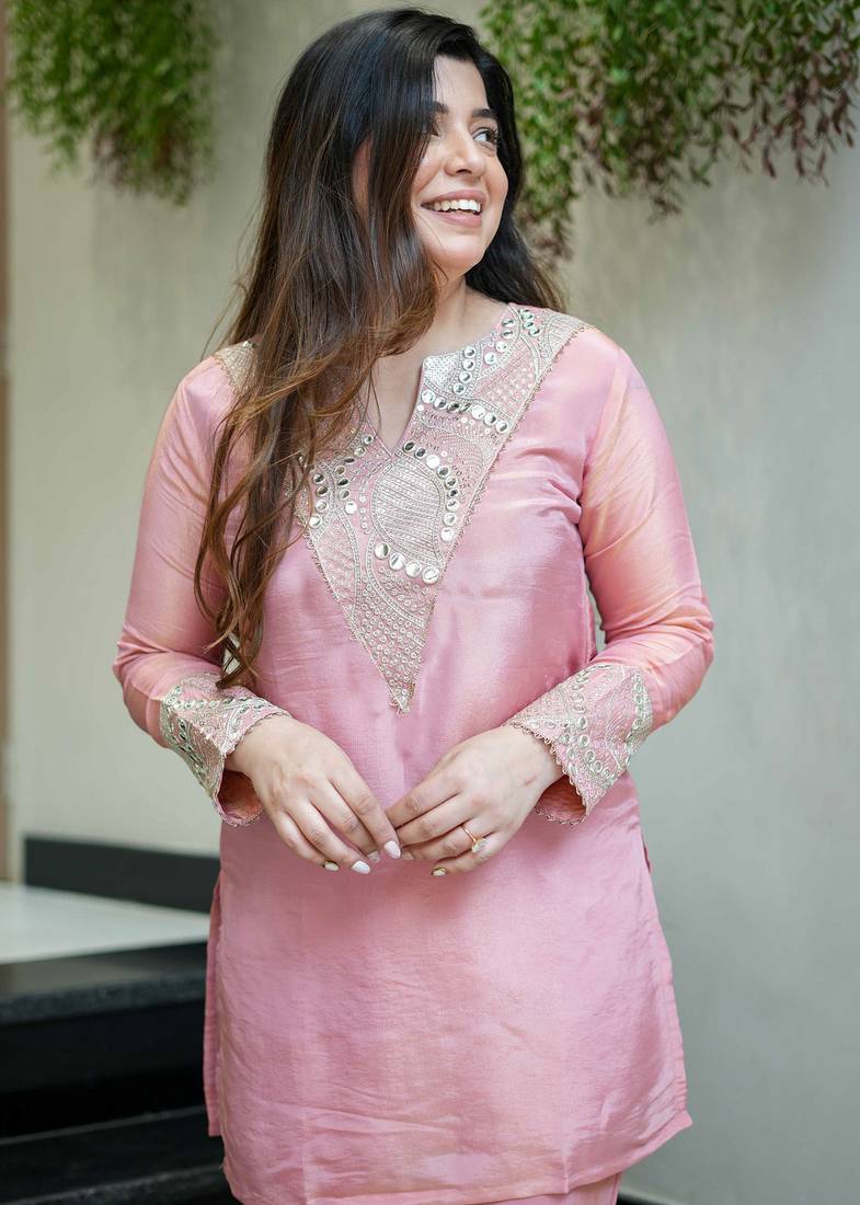 Elegant pink silk sequin embroidery v-neck co-ord set