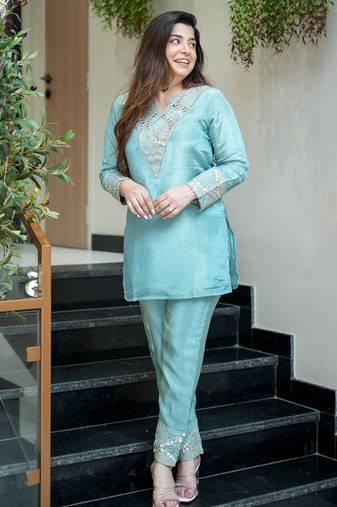 Sky blue silk sequin embroidery v-neck co-ord set | designer kurta set
