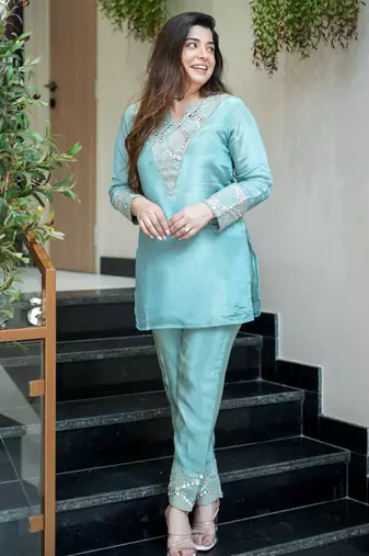 Sky blue silk sequin embroidery v-neck co-ord set | designer kurta set