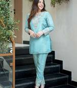 Sky blue silk sequin embroidery v-neck co-ord set | designer kurta set