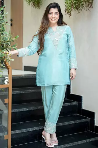 Sky blue silk sequin embroidery v-neck co-ord set | designer kurta set