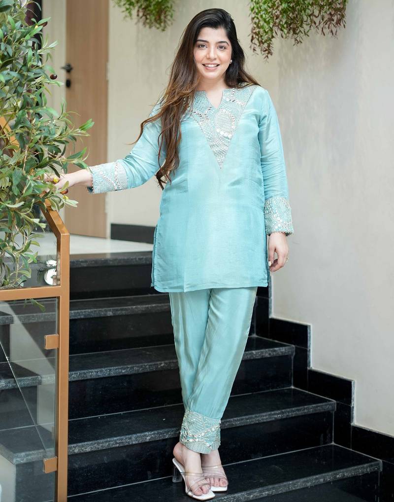 Sky blue silk sequin embroidery v-neck co-ord set | designer kurta set