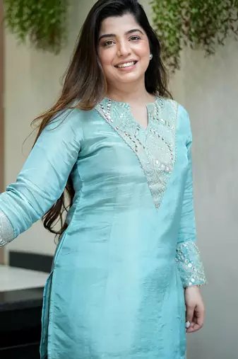 Sky blue silk sequin embroidery v-neck co-ord set | designer kurta set