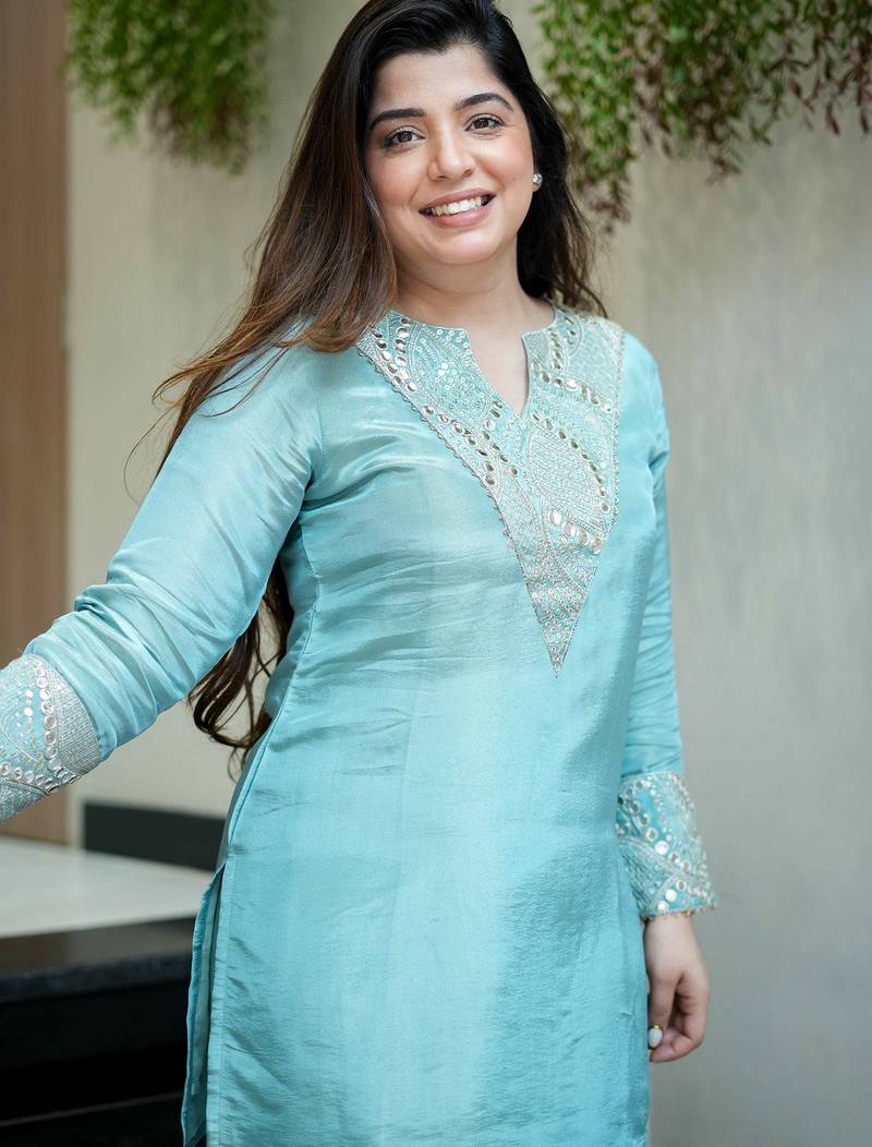 Sky blue silk sequin embroidery v-neck co-ord set | designer kurta set
