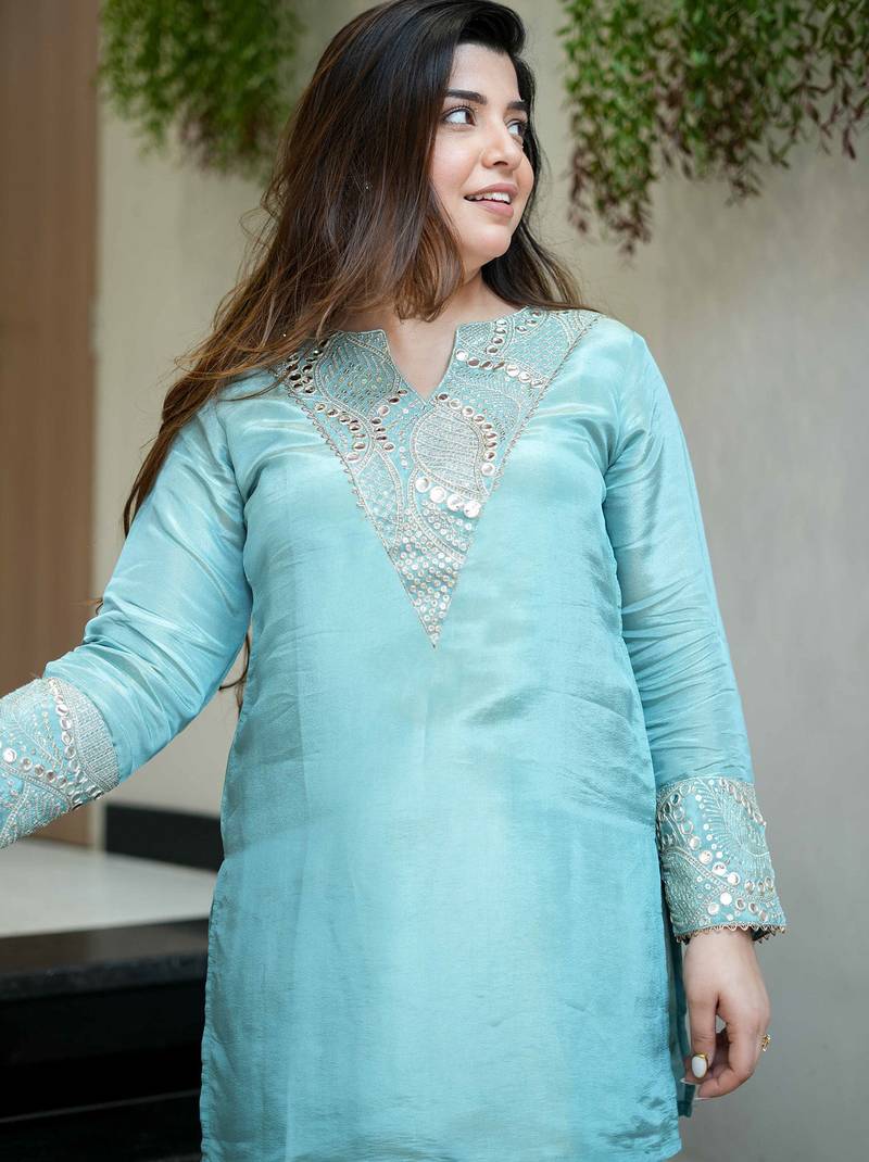 Sky blue silk sequin embroidery v-neck co-ord set | designer kurta set