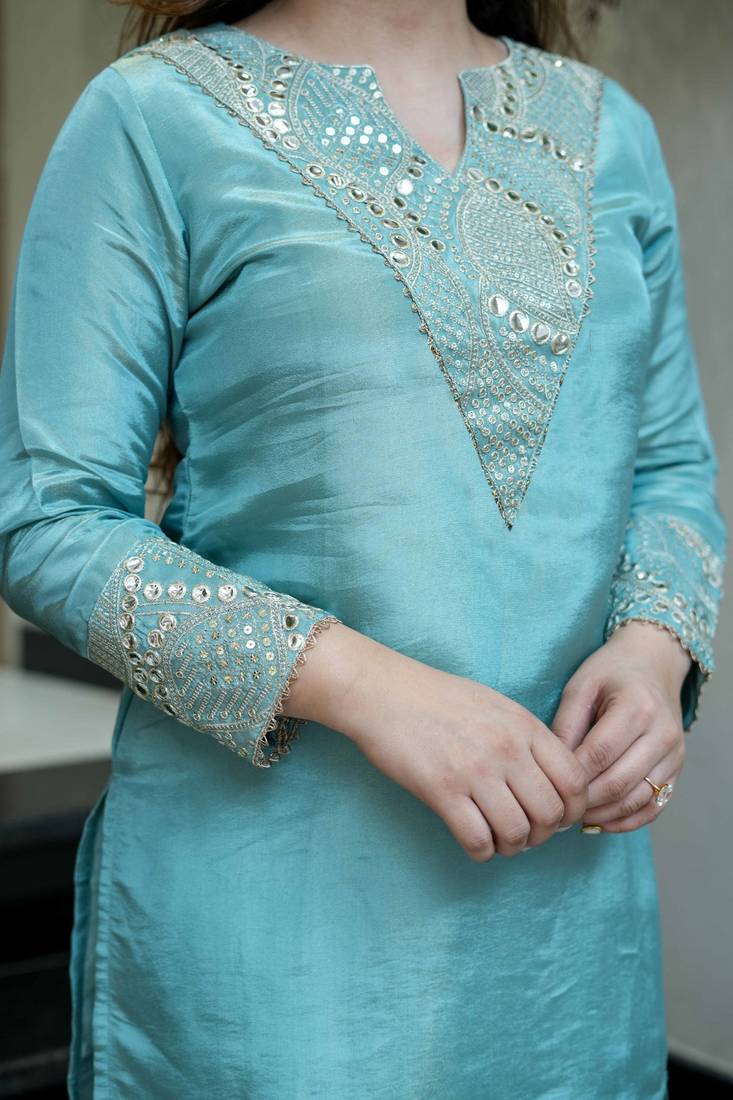 Sky blue silk sequin embroidery v-neck co-ord set | designer kurta set
