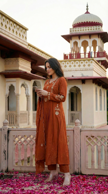 Orange chanderi silk sequin kurta pant set with embroidered organza dupatta 2