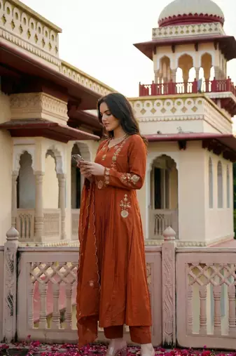 Orange chanderi silk sequin kurta pant set with embroidered organza dupatta