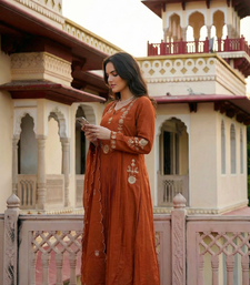 Orange chanderi silk sequin kurta pant set with embroidered organza dupatta