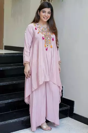 Light pink french crepe silk sequin u-neck kurta pant set