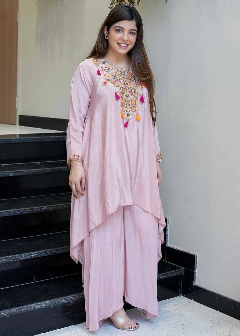Light pink french crepe silk sequin u-neck kurta pant set