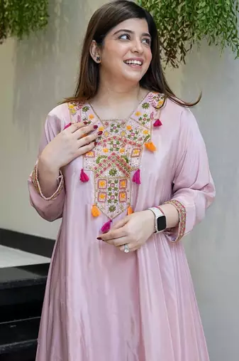 Light pink french crepe silk sequin u-neck kurta pant set