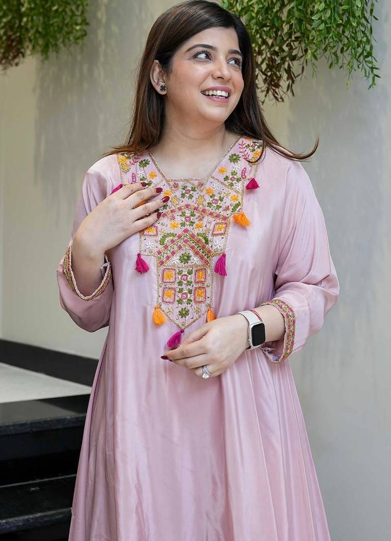 Light pink french crepe silk sequin u-neck kurta pant set