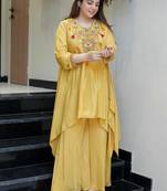 Yellow french crepe silk sequin u-neck kurta pant set | designer kurta set