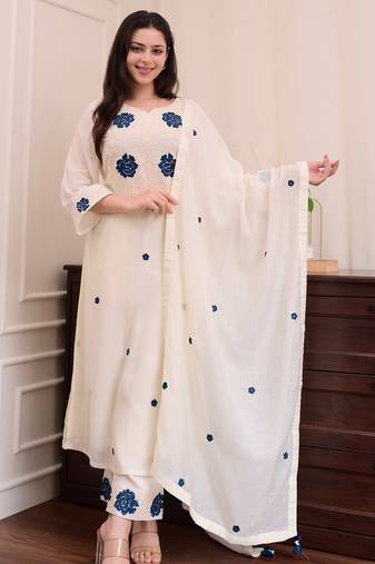 Women's white rayon slub sequin embroidered kurta pant set with chanderi dupatta