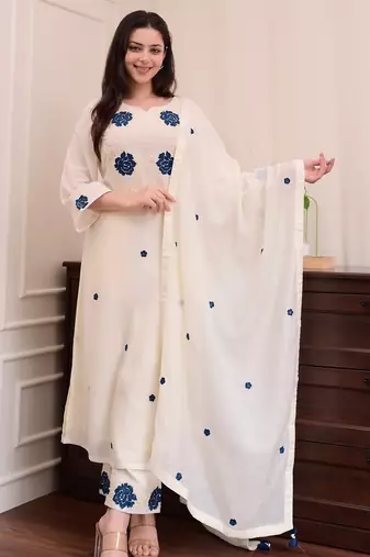 Women's white rayon slub sequin embroidered kurta pant set with chanderi dupatta