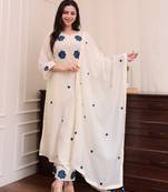 Women's white rayon slub sequin embroidered kurta pant set with chanderi dupatta