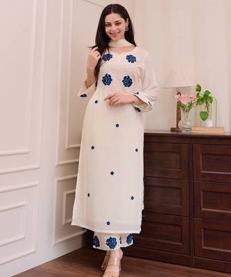 Women's white rayon slub sequin embroidered kurta pant set with chanderi dupatta 2