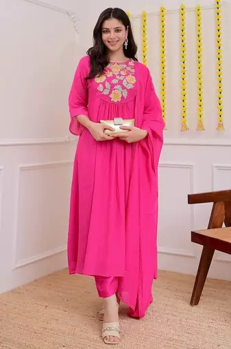 Pink chanderi silk sequin kurta pant set with embroidered organza dupatta