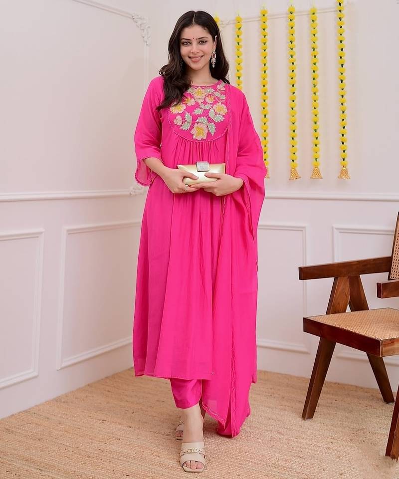 Pink chanderi silk sequin kurta pant set with embroidered organza dupatta