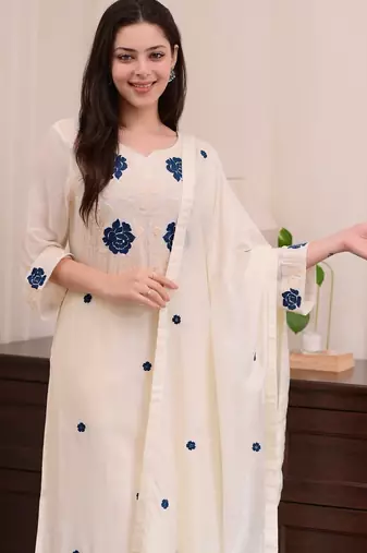 Women's white rayon slub sequin embroidered kurta pant set with chanderi dupatta