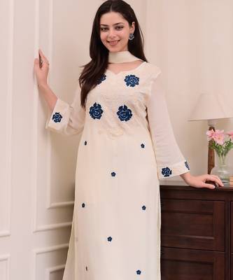 Women's white rayon slub sequin embroidered kurta pant set with chanderi dupatta 4
