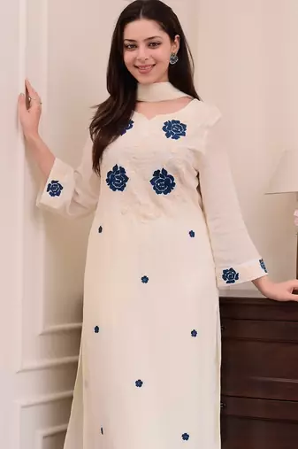 Women's white rayon slub sequin embroidered kurta pant set with chanderi dupatta