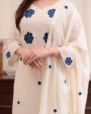 Women's white rayon slub sequin embroidered kurta pant set with chanderi dupatta 5