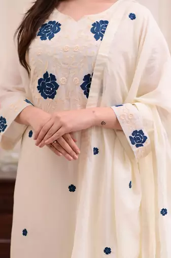 Women's white rayon slub sequin embroidered kurta pant set with chanderi dupatta