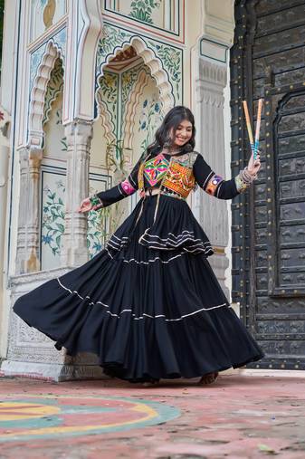 Black Color  Gamthi Work & mirror Cotton Lahenga Choli Set