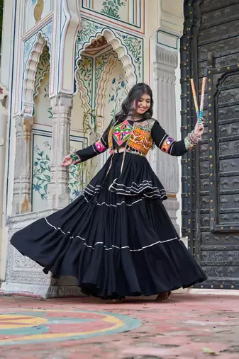 Black Color  Gamthi Work & mirror Cotton Lahenga Choli Set