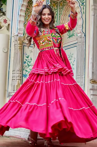 Rani Pink Color  Gamthi Work & mirror Cotton Lahenga Choli Set