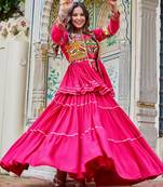 Rani Pink Color  Gamthi Work & mirror Cotton Lahenga Choli Set