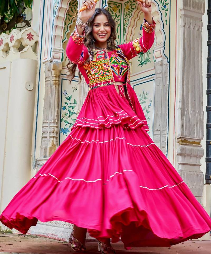 Rani Pink Color  Gamthi Work & mirror Cotton Lahenga Choli Set