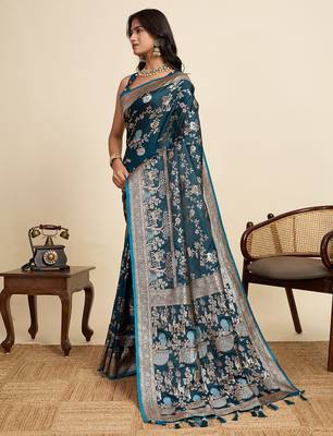 Blue floral print woven satin banarasi saree with blouse 2