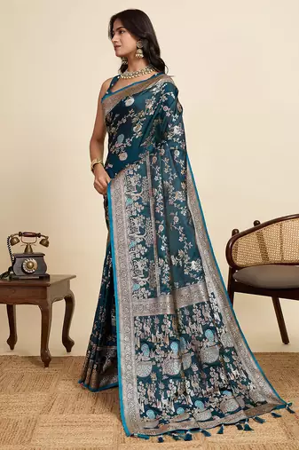 Blue floral print woven satin banarasi saree with blouse