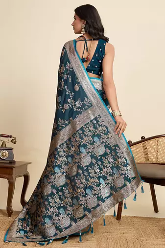 Blue floral print woven satin banarasi saree with blouse