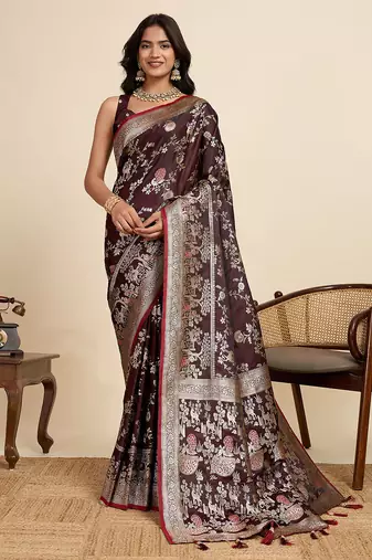 Maroon floral print woven satin banarasi saree with blouse