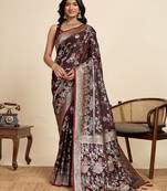 Maroon floral print woven satin banarasi saree with blouse